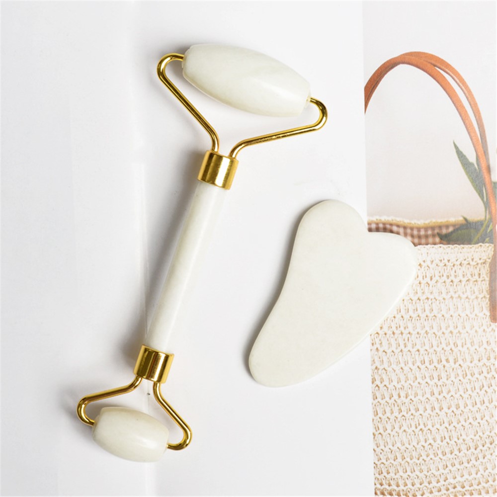 Natural Jade Dual Head Massage Roller + Guasha Board Scraper Face Slimming Anti-Aging Puffy Eyes Facial Skin Care Tools - Style C-2