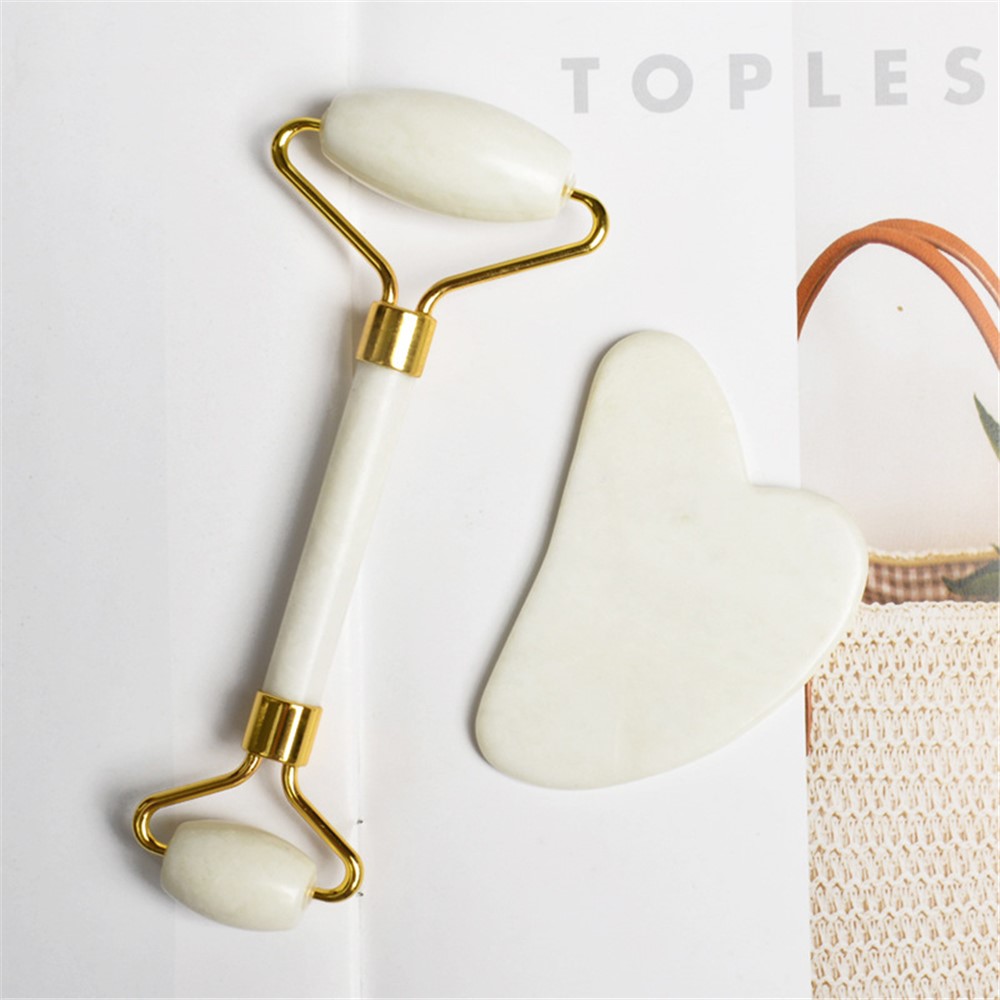 Natural Jade Dual Head Massage Roller + Guasha Board Scraper Face Slimming Anti-Aging Puffy Eyes Facial Skin Care Tools - Style C-5