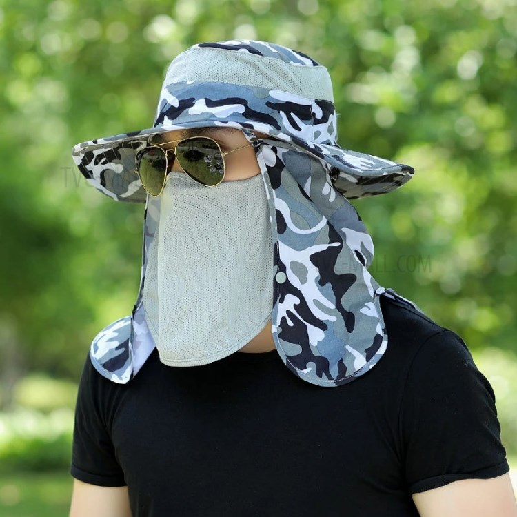 Summer Detachable Outdoor Anti-Sun Anti-UV Cap Neck Face Flap Wide Brim Hat Breathable Fishing Hat - Camouflage / Grey Blue-1