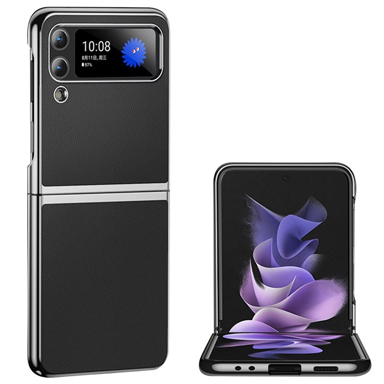 For Samsung Galaxy Z Flip3 5G PU Leather Coated PC Electroplating Case Shockproof Anti-Fall Folding Screen Phone Cover - Black-1