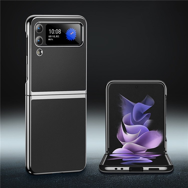 For Samsung Galaxy Z Flip3 5G PU Leather Coated PC Electroplating Case Shockproof Anti-Fall Folding Screen Phone Cover - Black-2