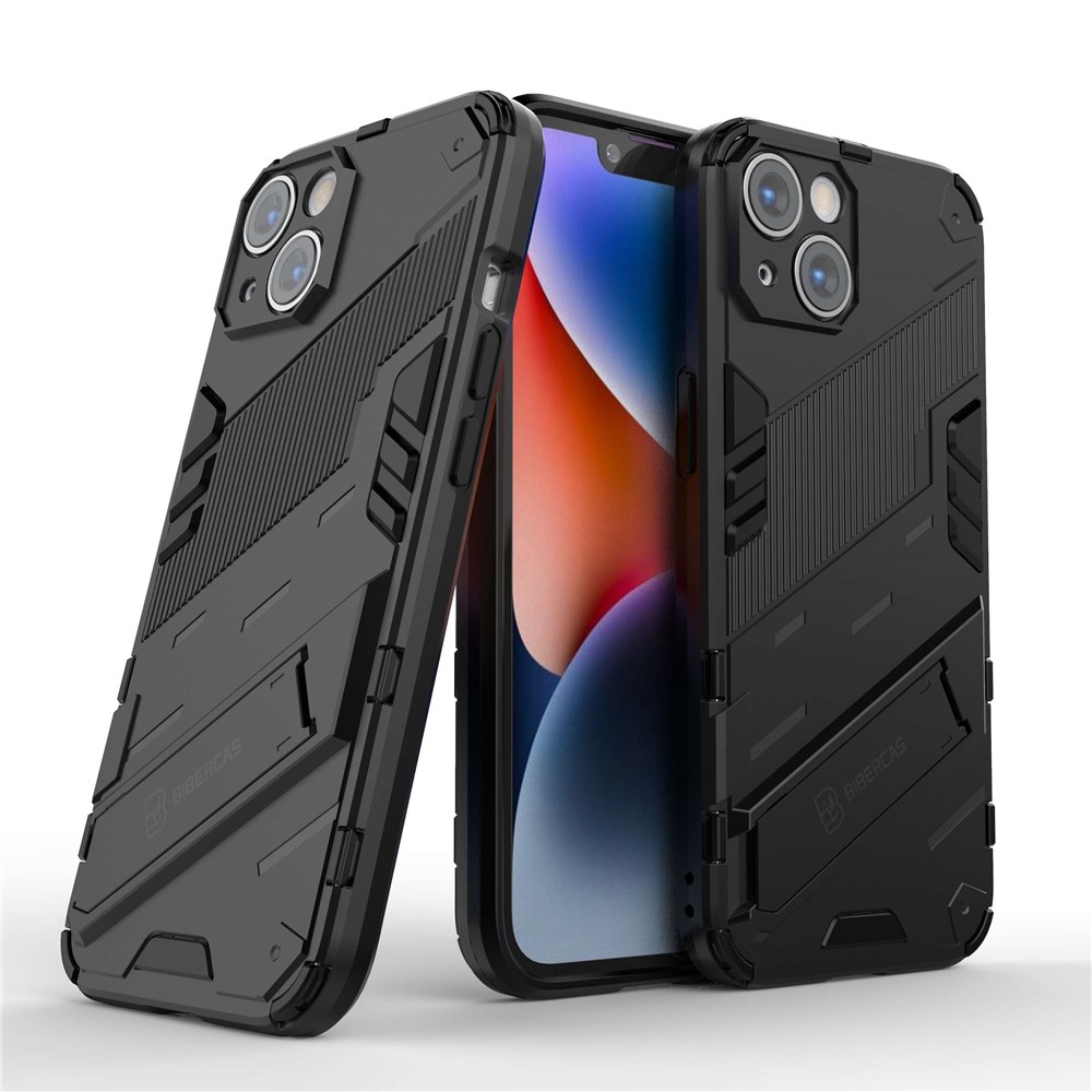 For iPhone 14 6.1 inch Hard PC Soft TPU Hybrid Phone Case Kickstand Hands-free Protective Cover - Black-2