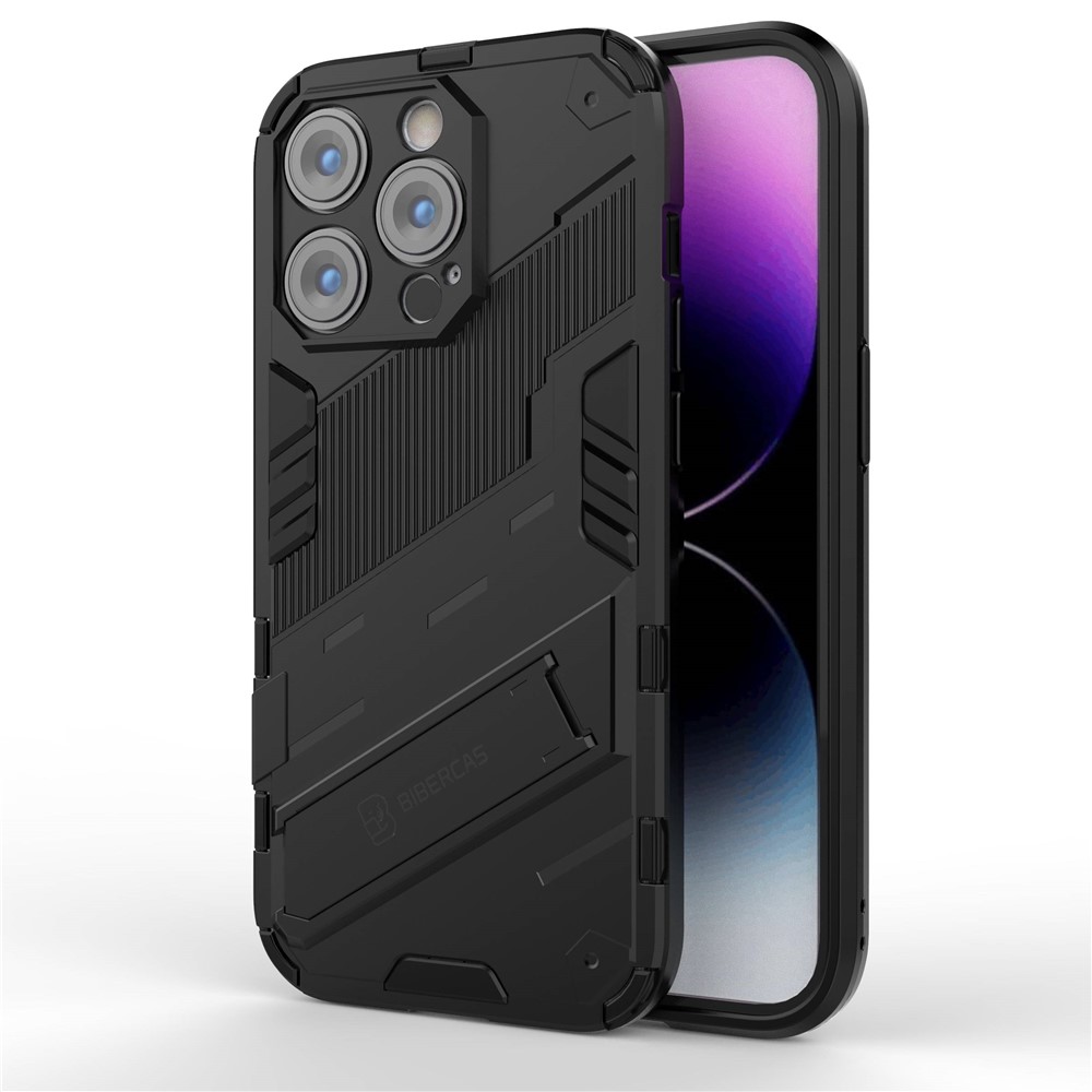 For iPhone 14 Pro 6.1 inch Hybrid Kickstand Phone Case Hard PC Soft TPU Shockproof Protective Cover - Black-1