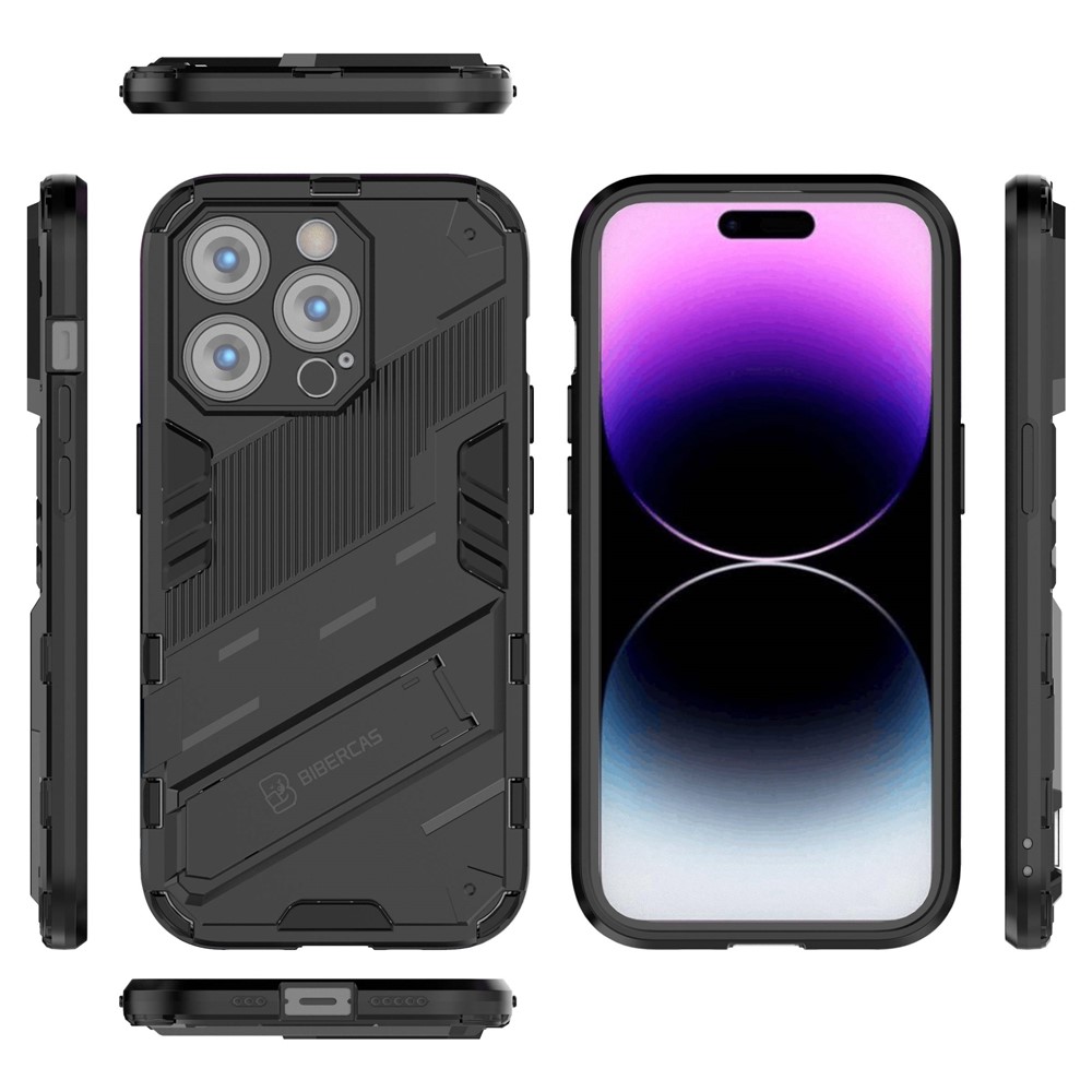 For iPhone 14 Pro 6.1 inch Hybrid Kickstand Phone Case Hard PC Soft TPU Shockproof Protective Cover - Black-5