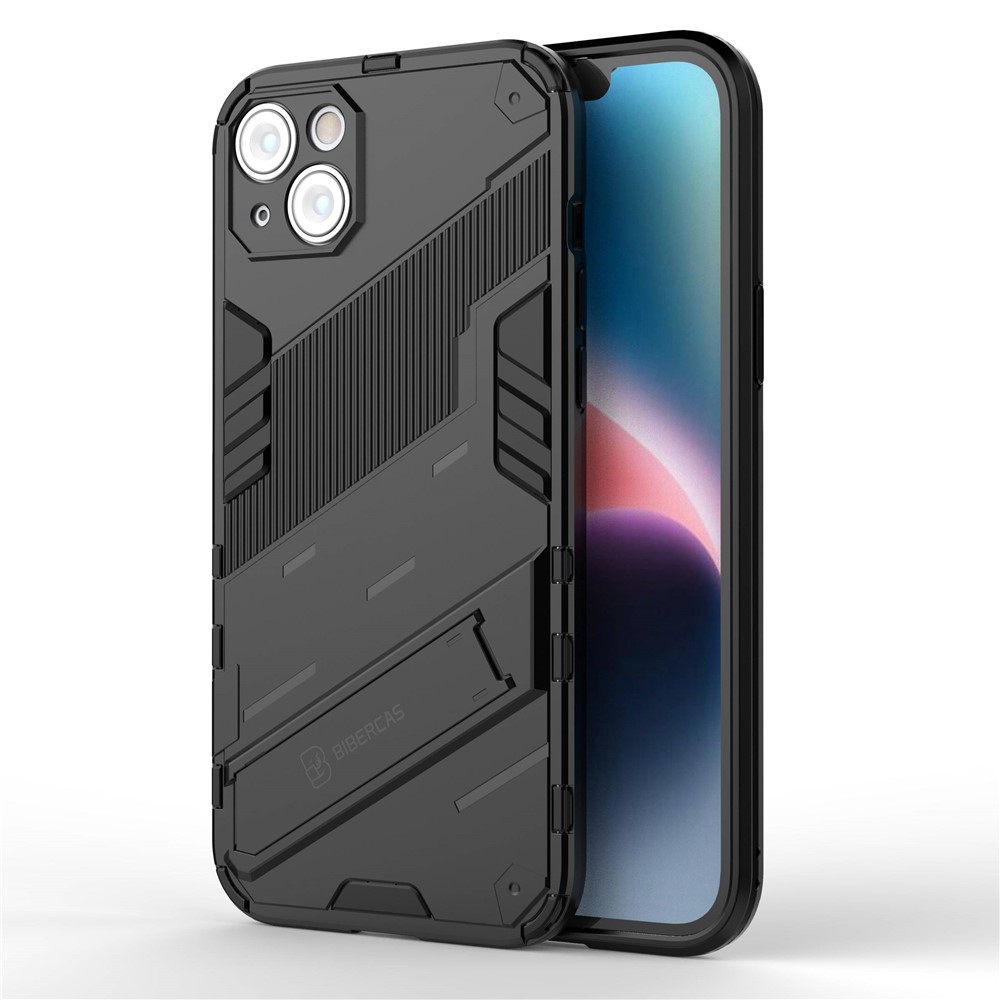 For iPhone 14 Max 6.7 inch Hard PC Soft TPU Shockproof Phone Case Non-Slip Protective Cover with Kickstand - Black-1