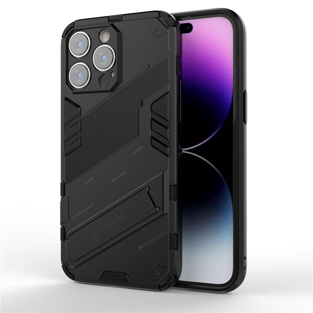 For iPhone 14 Pro Max 6.7 inch Kickstand Anti-Slip Rugged Phone Case Soft Flexible TPU Hard PC Protective Cover - Black-1