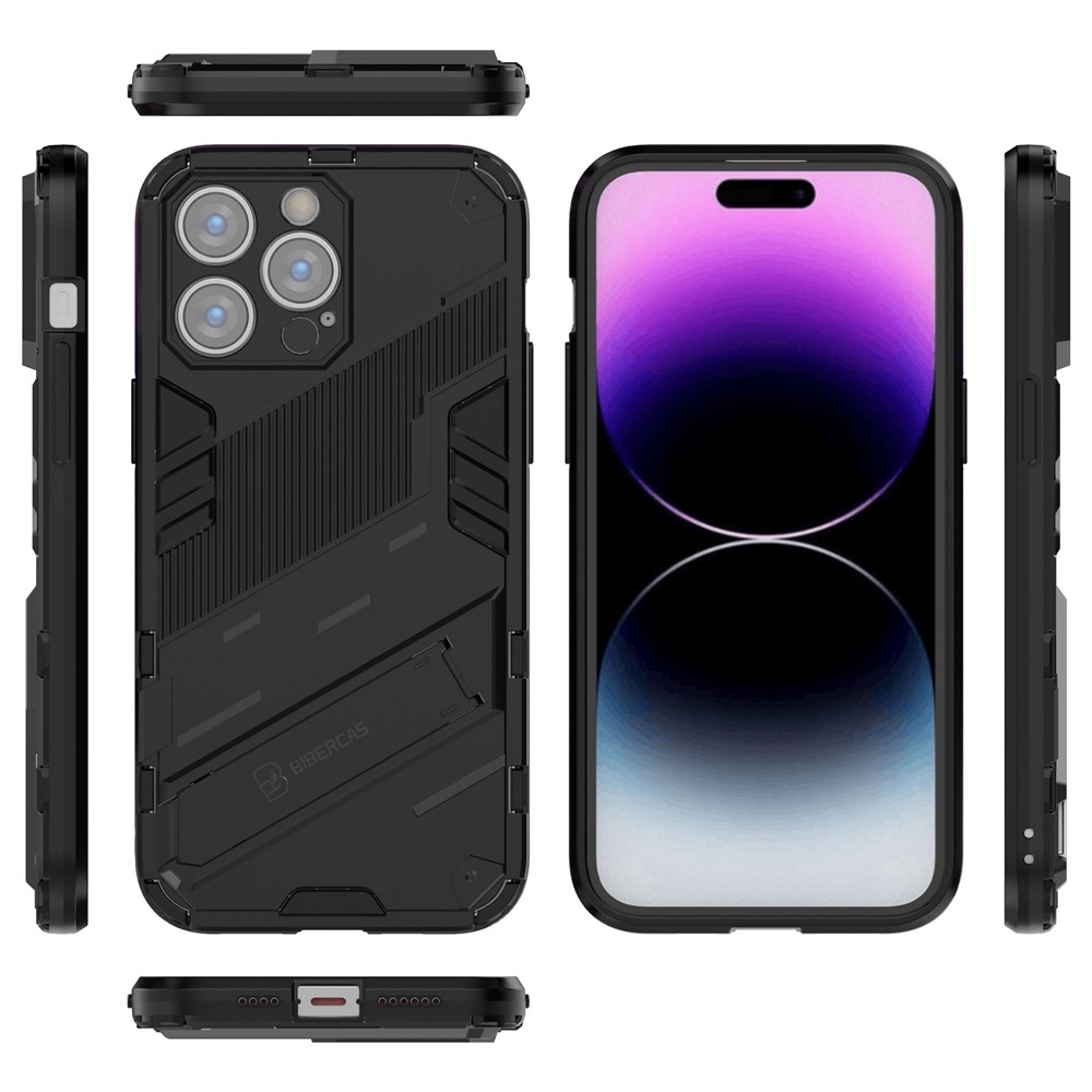 For iPhone 14 Pro Max 6.7 inch Kickstand Anti-Slip Rugged Phone Case Soft Flexible TPU Hard PC Protective Cover - Black-5
