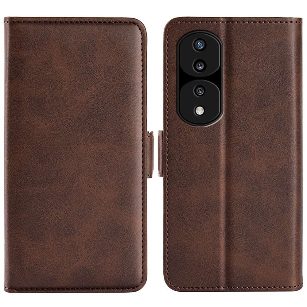 For Honor 70 5G PU Leather Wallet Case Dual Magnetic Clasp Stand Flip Protective Cover - Brown-1
