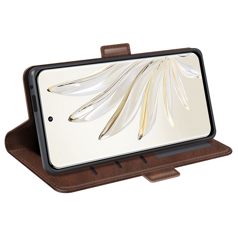 For Honor 70 5G PU Leather Wallet Case Dual Magnetic Clasp Stand Flip Protective Cover - Brown-3