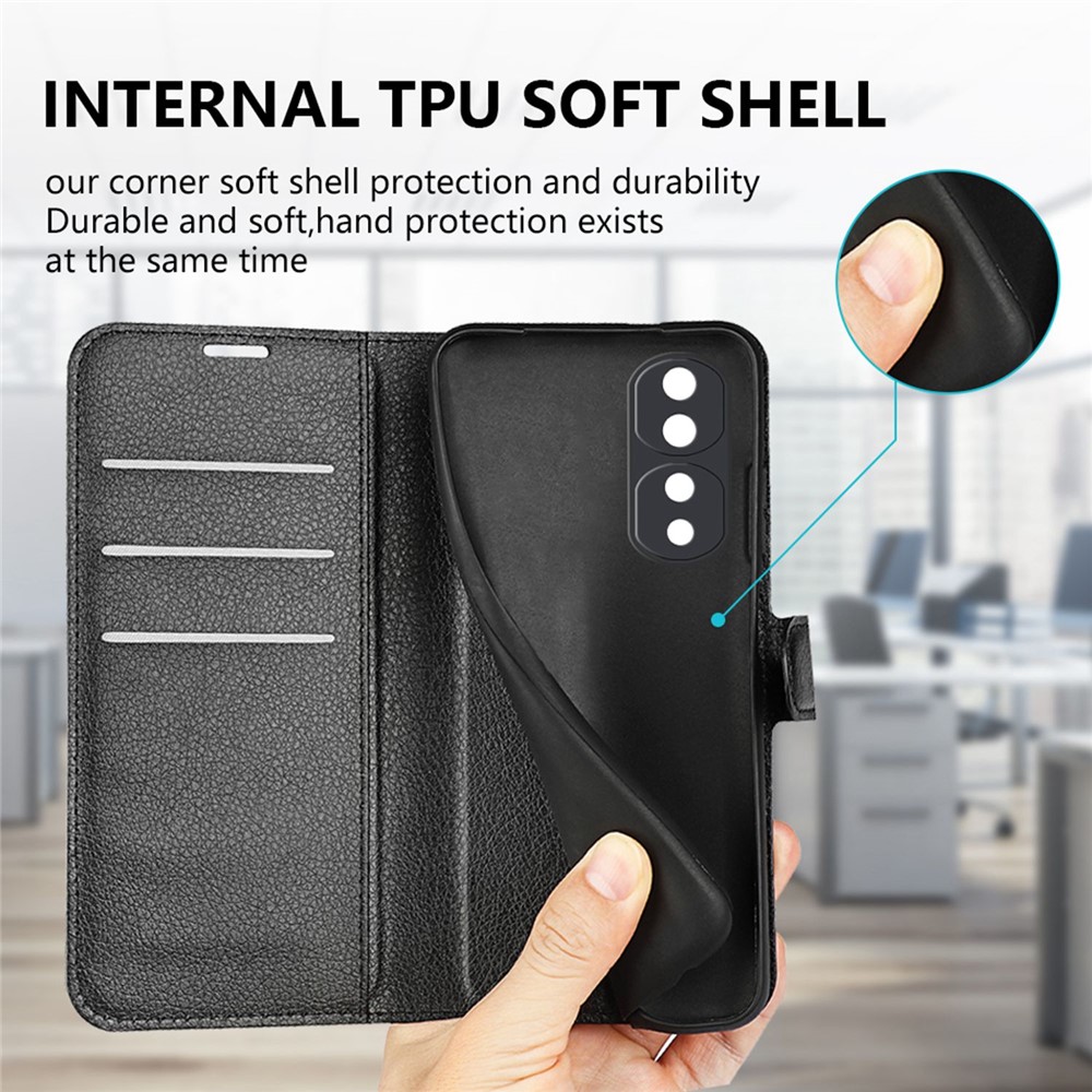 For Honor 70 5G Litchi Texture Wallet Case PU Leather Stand Shockproof TPU Inner Shell Flip Folio Cover - Black-8