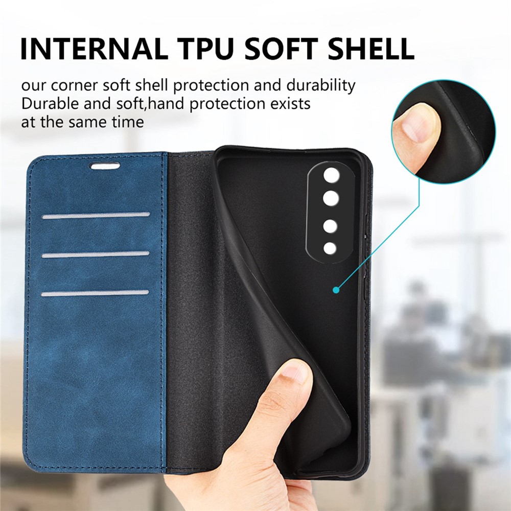 For Honor 70 Pro 5G PU Leather Wallet Case Flip Folio Stand Magnetic Absorption Protect Skin-touch Feeling Full Protection Cover - Blue-7
