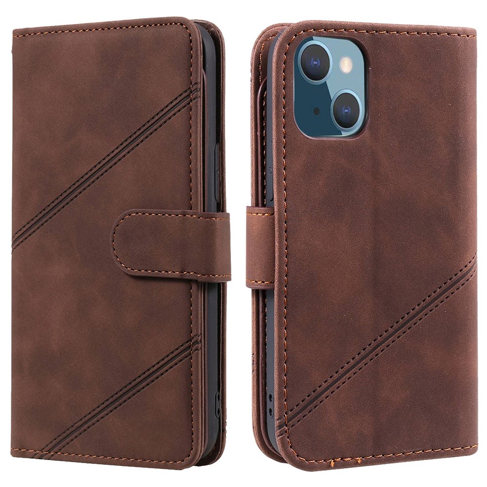 For iPhone 13 mini 5.4 inch Magnetic Clasp Phone Case Imprinted PU Leather Stand Cover with Multiple Card Slots and Cash Pocket - Brown