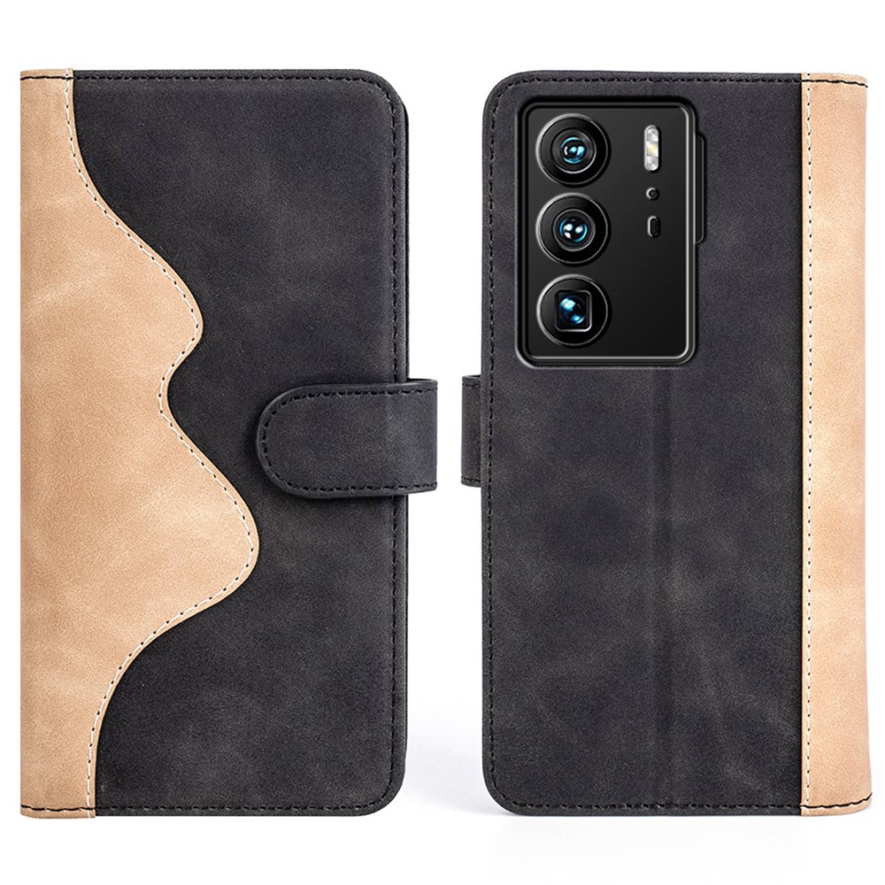 For ZTE Axon 40 Ultra 5G Color Splicing Anti-scratch PU Leather Case Stand Wallet Shockproof Phone Cover - Black-1