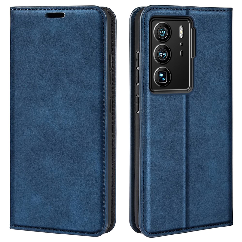 For ZTE Axon 40 Ultra 5G Skin-touch Feeling Phone Cover PU Leather + TPU Stand Wallet Folio Flip Case - Blue-1