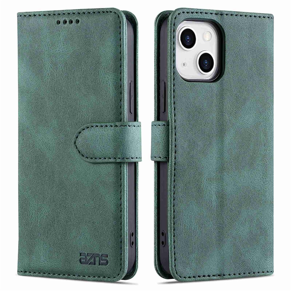 AZNS For iPhone 14 6.1 inch Drop-proof PU Leather Wallet Case Card Holder Magnetic Closure Stand Anti-scratch Phone Cover - Green-1