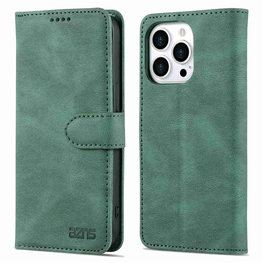 AZNS For iPhone 14 Pro Max 6.7 inch Anti-fall PU Leather Wallet Case Magnetic Closure Stand Scratch Resistant Phone Cover - Green-1