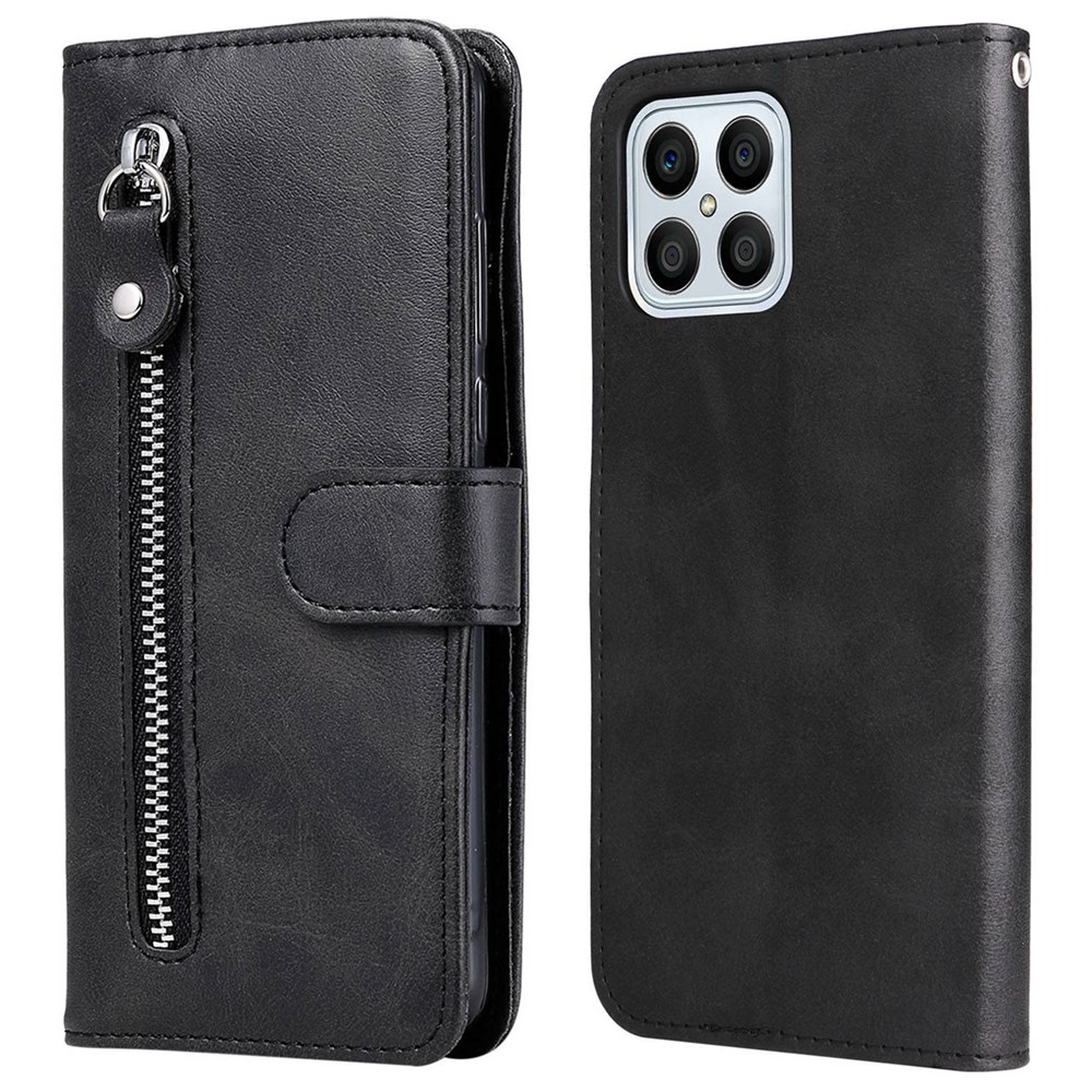 For Honor X8/X30i/Play6T Pro PU Leather Wallet Folio Flip Case Zipper Pocket Stand Shockproof Protective Cover - Black-1