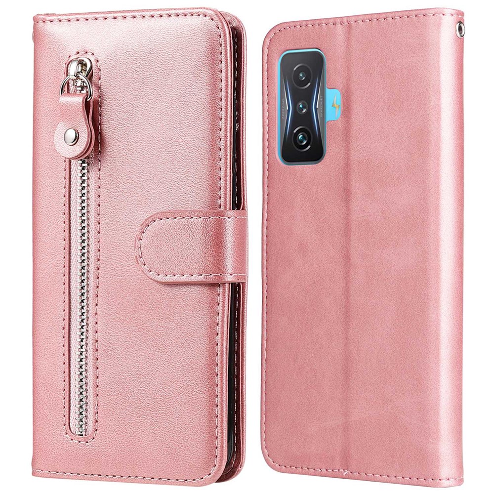 For Xiaomi Redmi K50/K50 Gaming/K50 Gaming Edition/K50G/K50G Mercedes-AMG Petronas Formula One Team Edition/Poco F4 GT Phone Case Outer Zipper Pocket PU Leather Stand Wallet Cover - Rose Gold-1