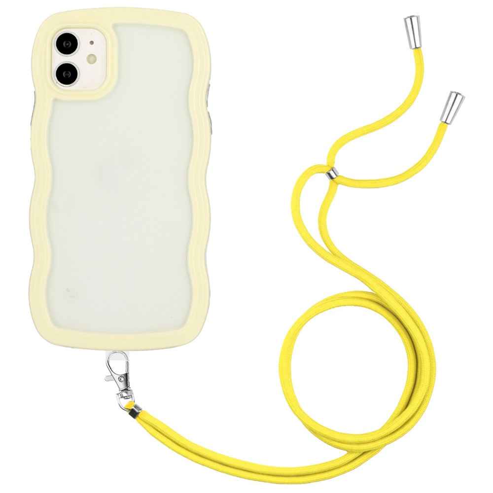 For iPhone 11 6.1 inch Impact Resistant Wavy Edge Color Frame Transparent Back Cover with Adjustable Lanyard PC + TPU Phone Case - Beige