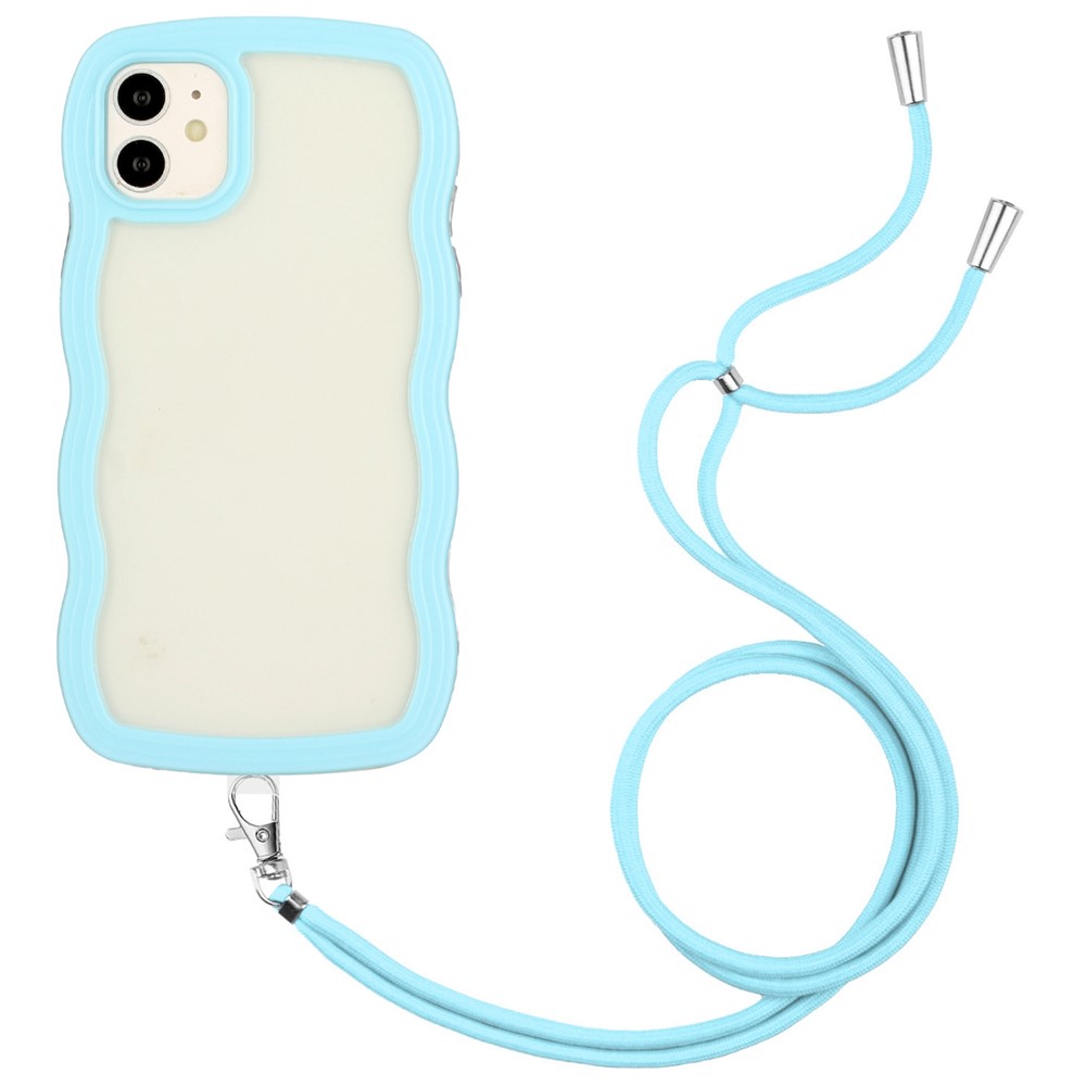 For iPhone 11 6.1 inch Impact Resistant Wavy Edge Color Frame Transparent Back Cover with Adjustable Lanyard PC + TPU Phone Case - Sky Blue