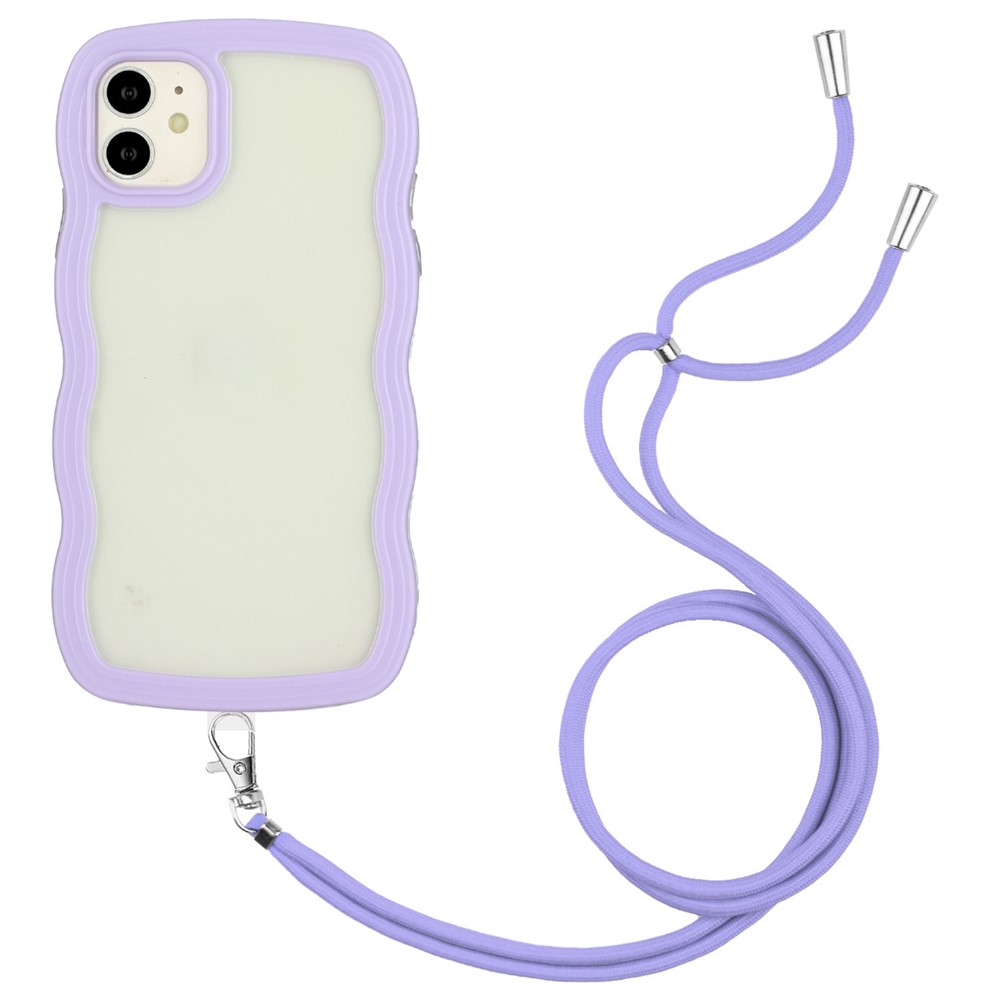 For iPhone 11 6.1 inch Impact Resistant Wavy Edge Color Frame Transparent Back Cover with Adjustable Lanyard PC + TPU Phone Case - Purple