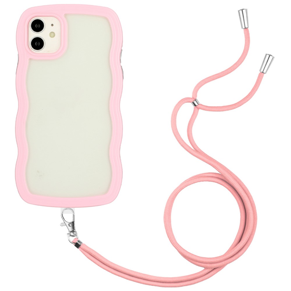 For iPhone 11 6.1 inch Impact Resistant Wavy Edge Color Frame Transparent Back Cover with Adjustable Lanyard PC + TPU Phone Case - Pink