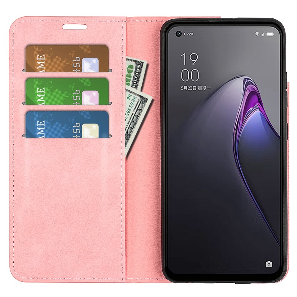 For Oppo Reno8 5G Anti-drop PU Leather Wallet Case Flip Folio Stand Magnetic Shock Absorption Skin-touch Feeling Protective Cover - Pink-2