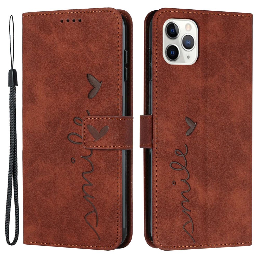 Heart Shape Imprinted Case for iPhone 12/12 Pro 6.1 inch, Anti-drop Skin-touch Feeling PU Leather Stand Wallet Phone Shell with Strap - Brown-1