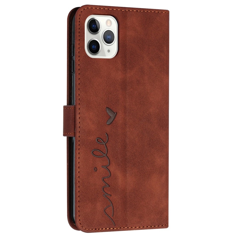 Heart Shape Imprinted Case for iPhone 12/12 Pro 6.1 inch, Anti-drop Skin-touch Feeling PU Leather Stand Wallet Phone Shell with Strap - Brown-10