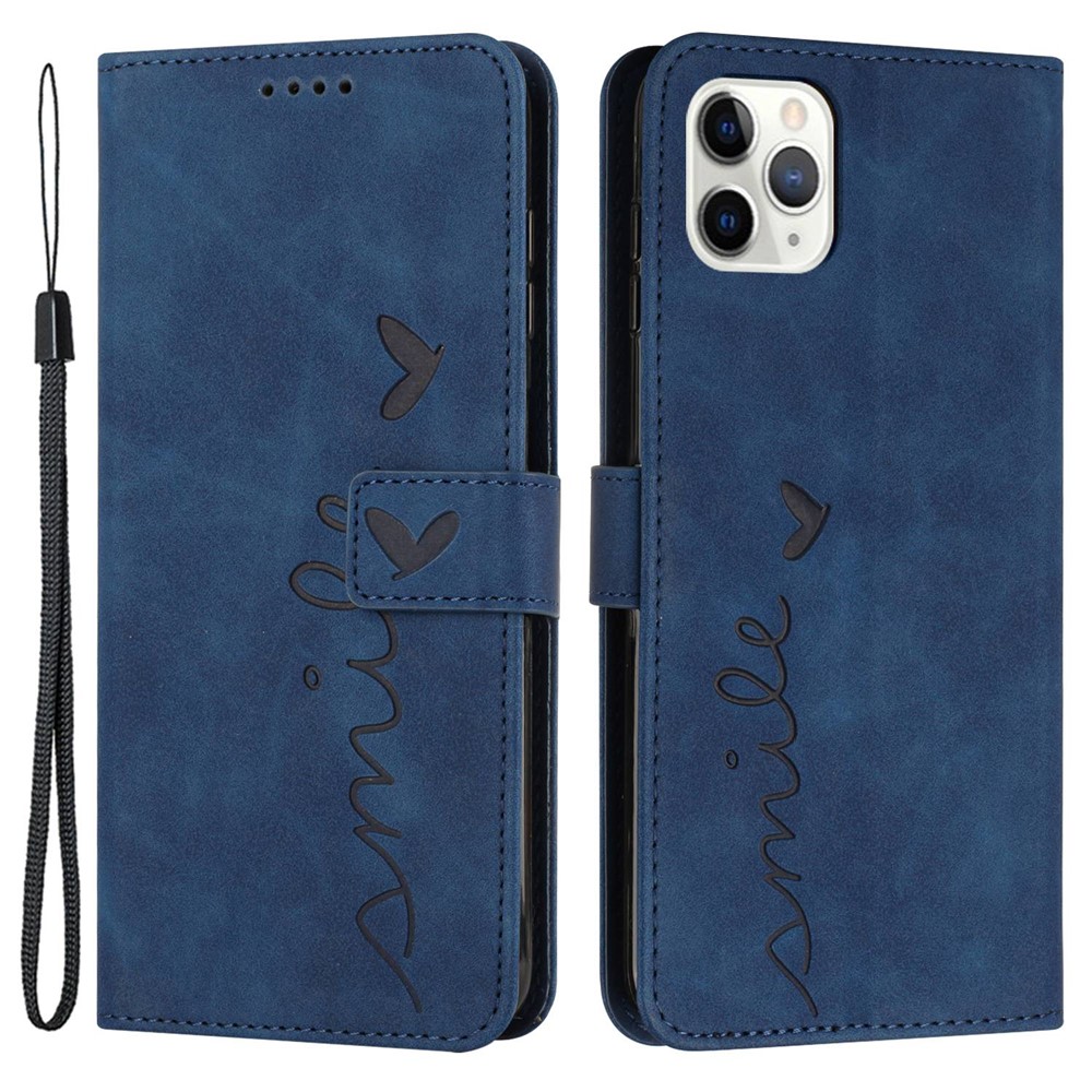 Heart Shape Imprinted Case for iPhone 12 Pro Max 6.7 inch, Skin-touch Feeling PU Leather Stand Wallet Phone Shell with Strap - Sapphire-1