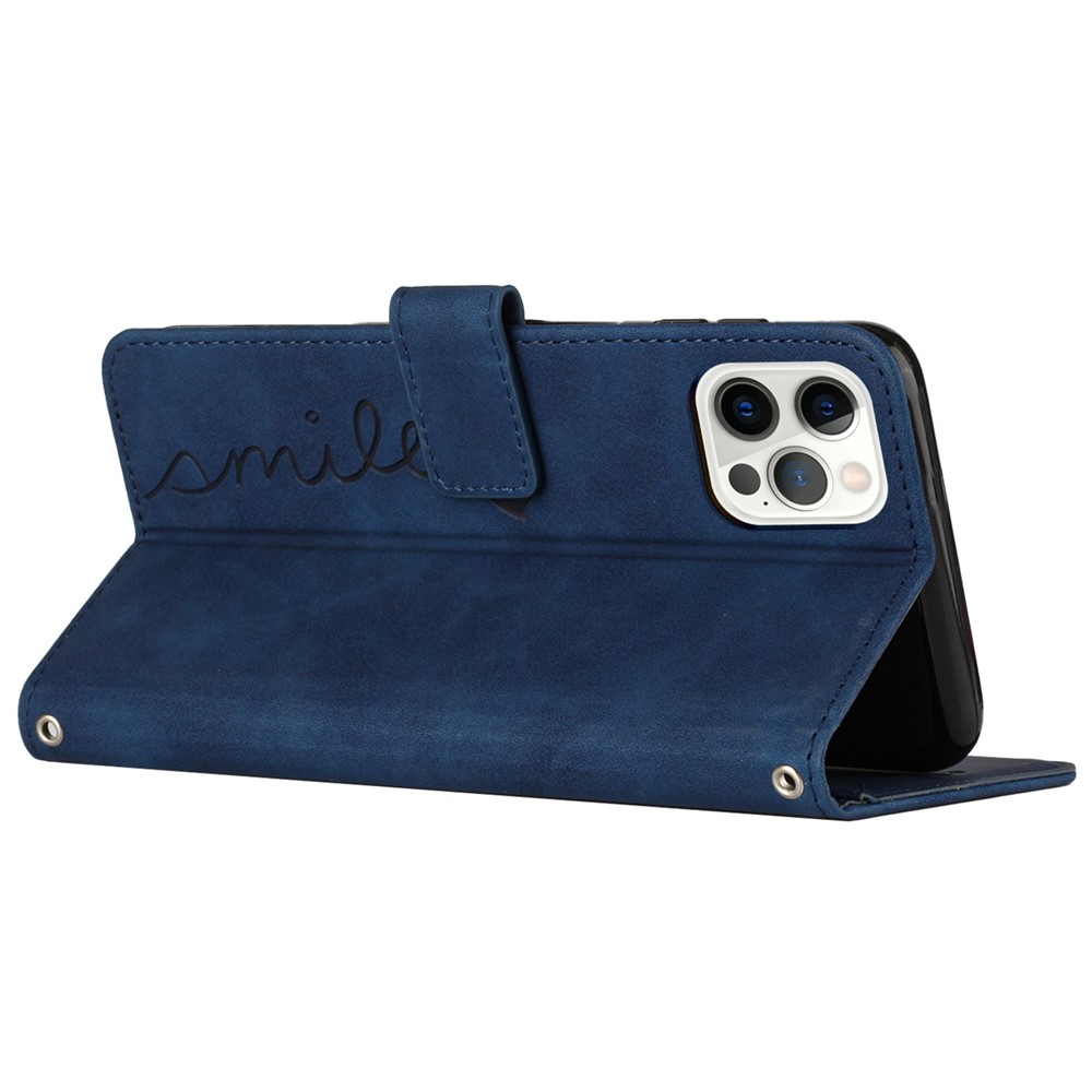 Heart Shape Imprinted Case for iPhone 12 Pro Max 6.7 inch, Skin-touch Feeling PU Leather Stand Wallet Phone Shell with Strap - Sapphire-5