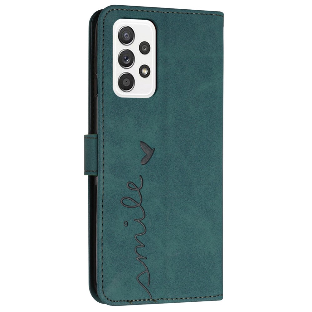 Heart Shape Imprinted Phone Case for Samsung Galaxy A53 5G, Shockproof Anti-fall Magnetic PU Leather Skin-touch Feeling Wallet Stand Shell with Strap - Green-11