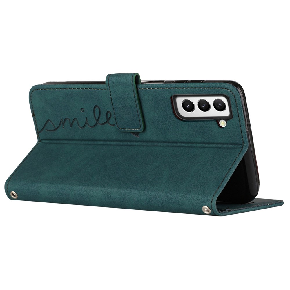 Heart Shape Imprinted Case for Samsung Galaxy S22 5G, Skin-touch Feeling Anti-shock PU Leather Dual-sided Magnetic Clasp Wallet Stand Shell with Strap - Green-5