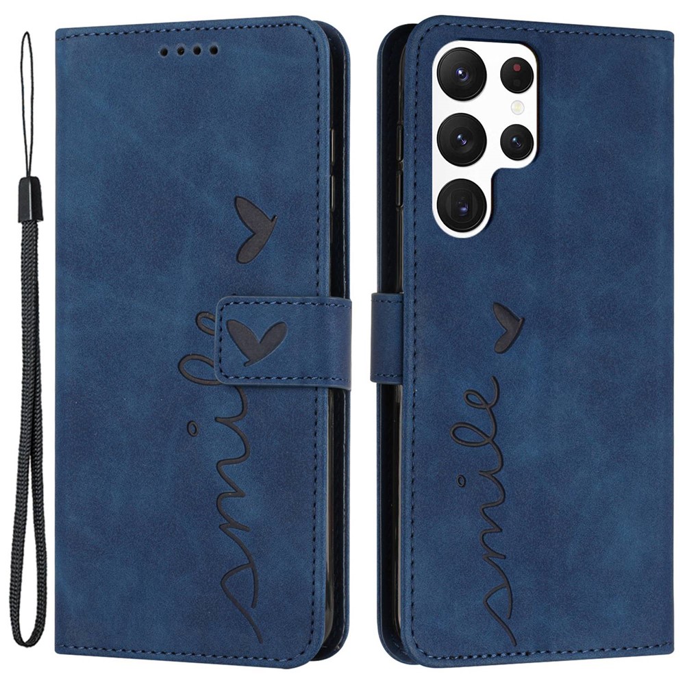 Heart Shape Imprinted Case for Samsung Galaxy S22 Ultra 5G, Anti-shock Phone Case Skin-touch Feeling PU Leather Wallet Stand Design Magnetic Cover with Strap - Sapphire-1
