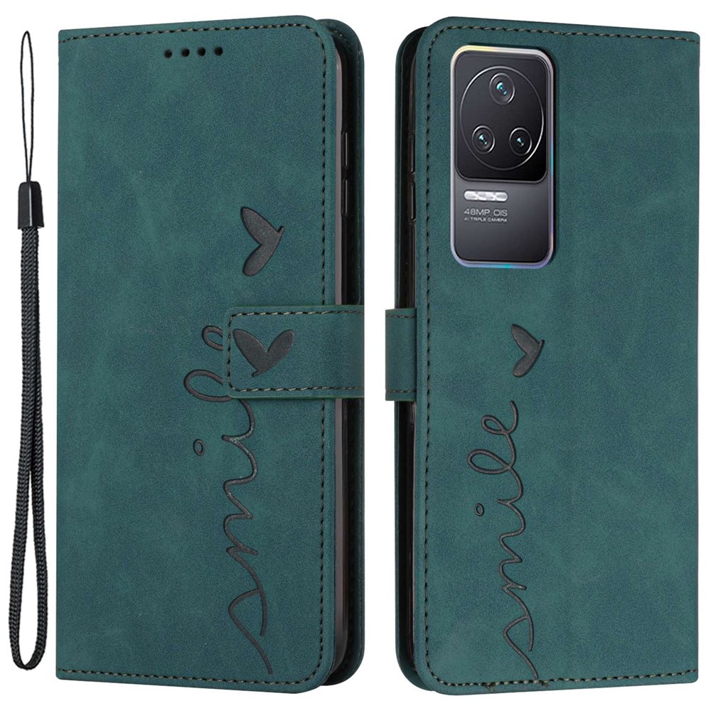 For Xiaomi Redmi K50/K50 Pro Heart Shape Imprinted Anti-scratch Cell Phone Case Skin-touch Feeling PU Leather Wallet Stand Design Cover with Strap - Green-1