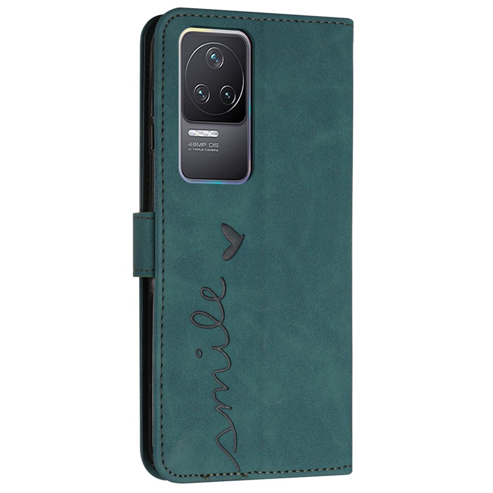 For Xiaomi Redmi K50/K50 Pro Heart Shape Imprinted Anti-scratch Cell Phone Case Skin-touch Feeling PU Leather Wallet Stand Design Cover with Strap - Green-11