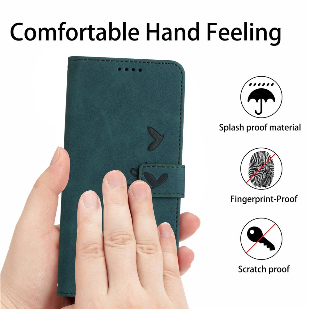 For Xiaomi Redmi K50/K50 Pro Heart Shape Imprinted Anti-scratch Cell Phone Case Skin-touch Feeling PU Leather Wallet Stand Design Cover with Strap - Green-7