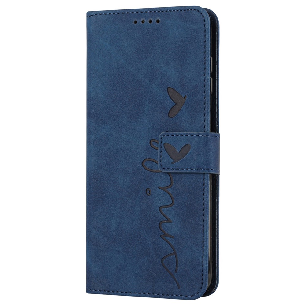 For Xiaomi Redmi Note 11 5G (MediaTek)/Note 11T 5G/Note 11S 5G/Poco M4 Pro 4G Wallet Flip Cover Heart Shape Imprinted Skin-touch Feeling PU Leather Stand Cover with Strap - Sapphire-10