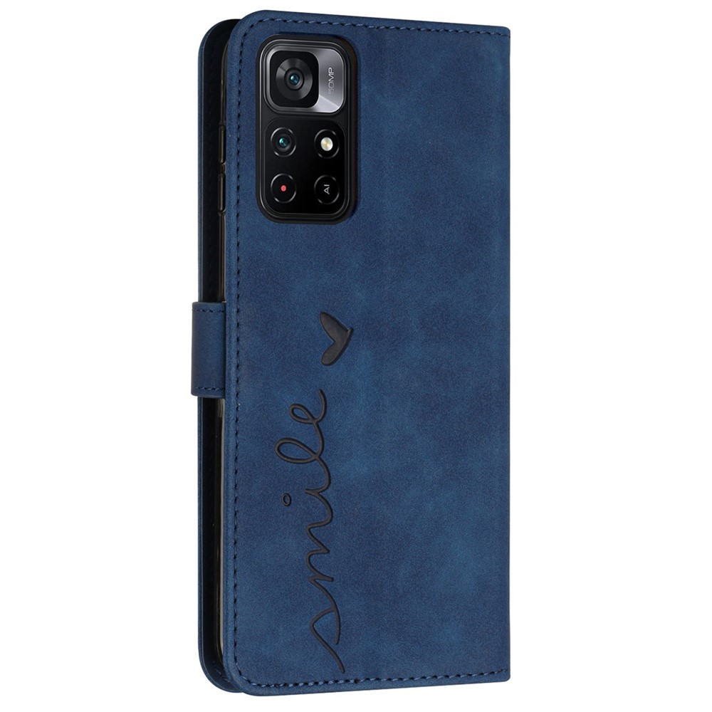 For Xiaomi Redmi Note 11 5G (MediaTek)/Note 11T 5G/Note 11S 5G/Poco M4 Pro 4G Wallet Flip Cover Heart Shape Imprinted Skin-touch Feeling PU Leather Stand Cover with Strap - Sapphire-11