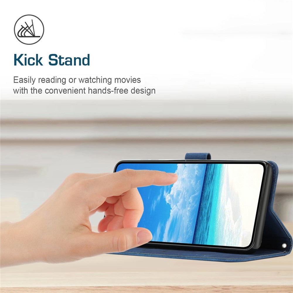 For Xiaomi Redmi Note 11 5G (MediaTek)/Note 11T 5G/Note 11S 5G/Poco M4 Pro 4G Wallet Flip Cover Heart Shape Imprinted Skin-touch Feeling PU Leather Stand Cover with Strap - Sapphire-3