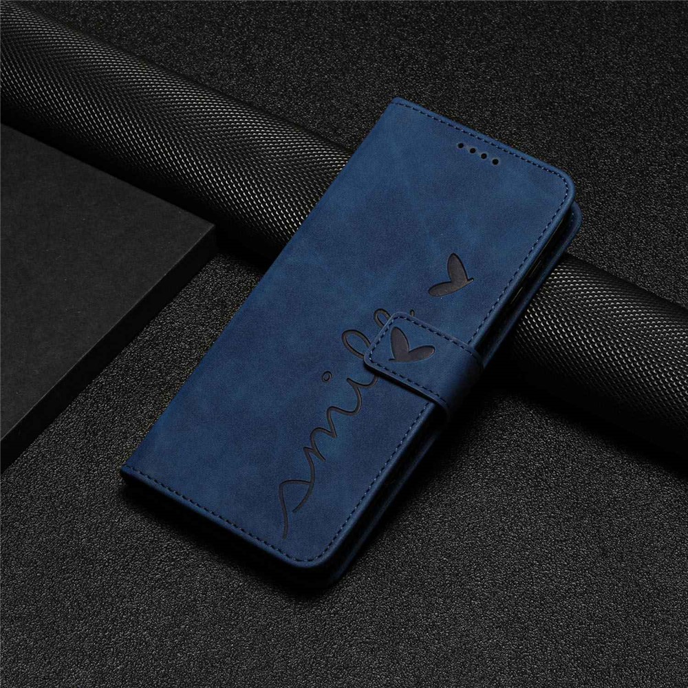 For Xiaomi Redmi Note 11 5G (MediaTek)/Note 11T 5G/Note 11S 5G/Poco M4 Pro 4G Wallet Flip Cover Heart Shape Imprinted Skin-touch Feeling PU Leather Stand Cover with Strap - Sapphire-9