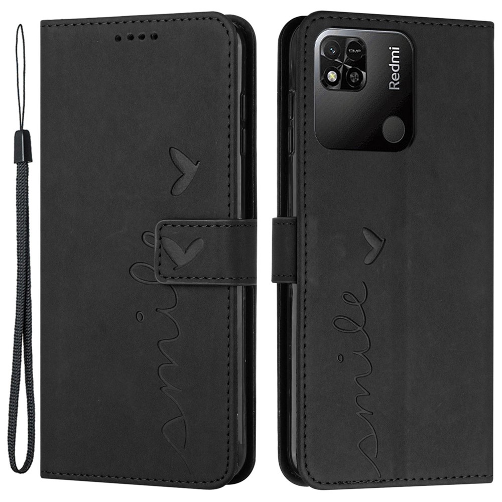 For Xiaomi Redmi 10C/Redmi 10 (India) Heart Shape Imprinted Wallet Case Skin-touch Feeling PU Leather Wrist Strap Stand Flip Phone Cover - Black-1
