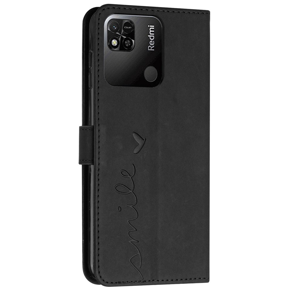 For Xiaomi Redmi 10C/Redmi 10 (India) Heart Shape Imprinted Wallet Case Skin-touch Feeling PU Leather Wrist Strap Stand Flip Phone Cover - Black-11