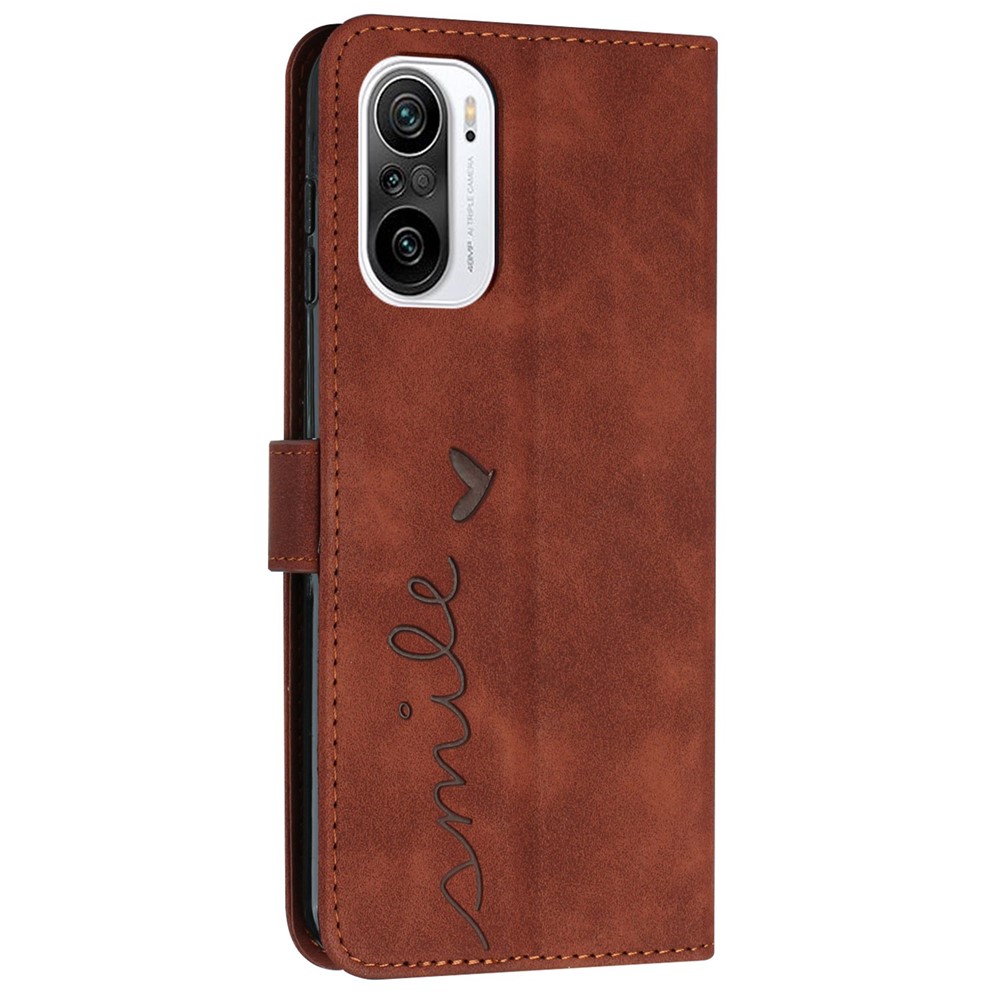 For Xiaomi Redmi K40/K40 Pro/Poco F3/Mi 11i/Mi 11X/Mi 11X Pro Wallet Case Heart Shape Imprinted Skin-touch Feeling PU Leather Stand Flip Cover with Wrist Strap - Brown-11
