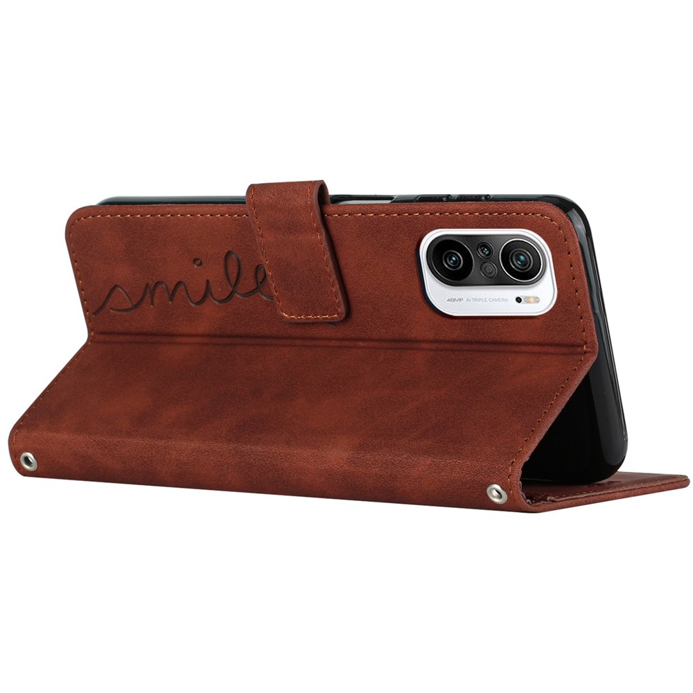 For Xiaomi Redmi K40/K40 Pro/Poco F3/Mi 11i/Mi 11X/Mi 11X Pro Wallet Case Heart Shape Imprinted Skin-touch Feeling PU Leather Stand Flip Cover with Wrist Strap - Brown-5