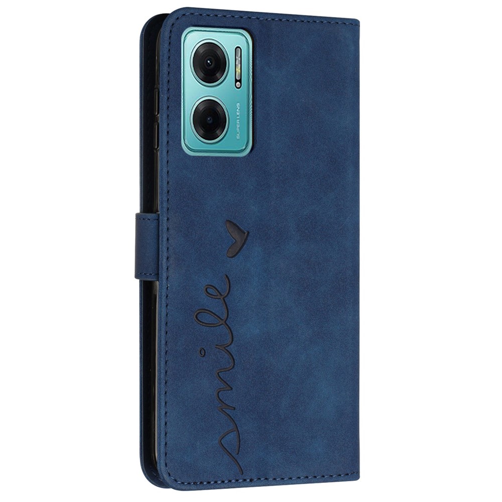 For Xiaomi Redmi Note 11E 5G/Redmi 10 5G/Poco M4 5G/Redmi 10 Prime+ 5G (India) Skin-touch Feeling Phone Case Heart Shape Imprinted PU Leather Wallet Stand Folio Flip Cover with Strap - Sapphire-11