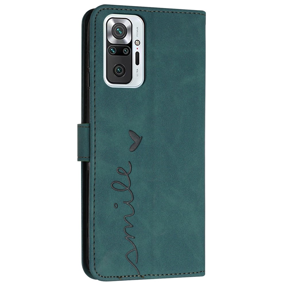 For Xiaomi Redmi Note 10 Pro 4G (Global)/Note 10 Pro Max Scratch-proof Heart Shape Imprinted Phone Case PU Leather Skin-touch Feeling Wallet Stand with Strap - Green-12