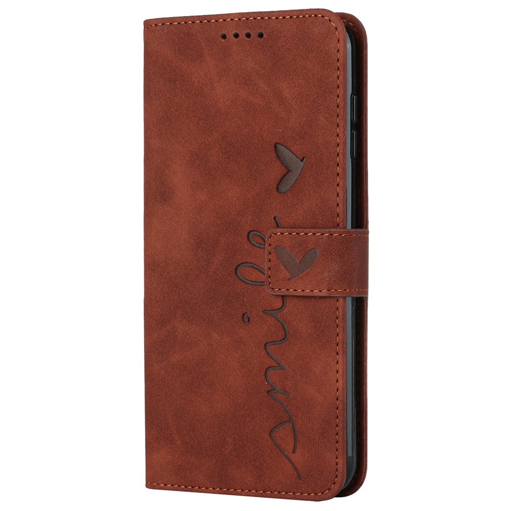 For Xiaomi 11T 5G/11T Pro 5G Drop-proof Heart Shape Imprinted Phone Case PU Leather Skin-touch Feeling Wallet Stand Well Protection Shell with Strap - Brown-10