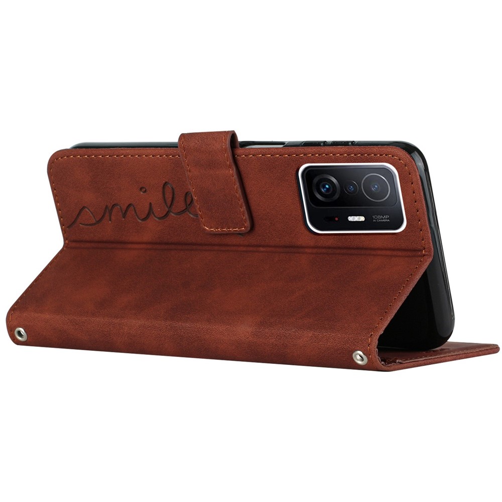 For Xiaomi 11T 5G/11T Pro 5G Drop-proof Heart Shape Imprinted Phone Case PU Leather Skin-touch Feeling Wallet Stand Well Protection Shell with Strap - Brown-5