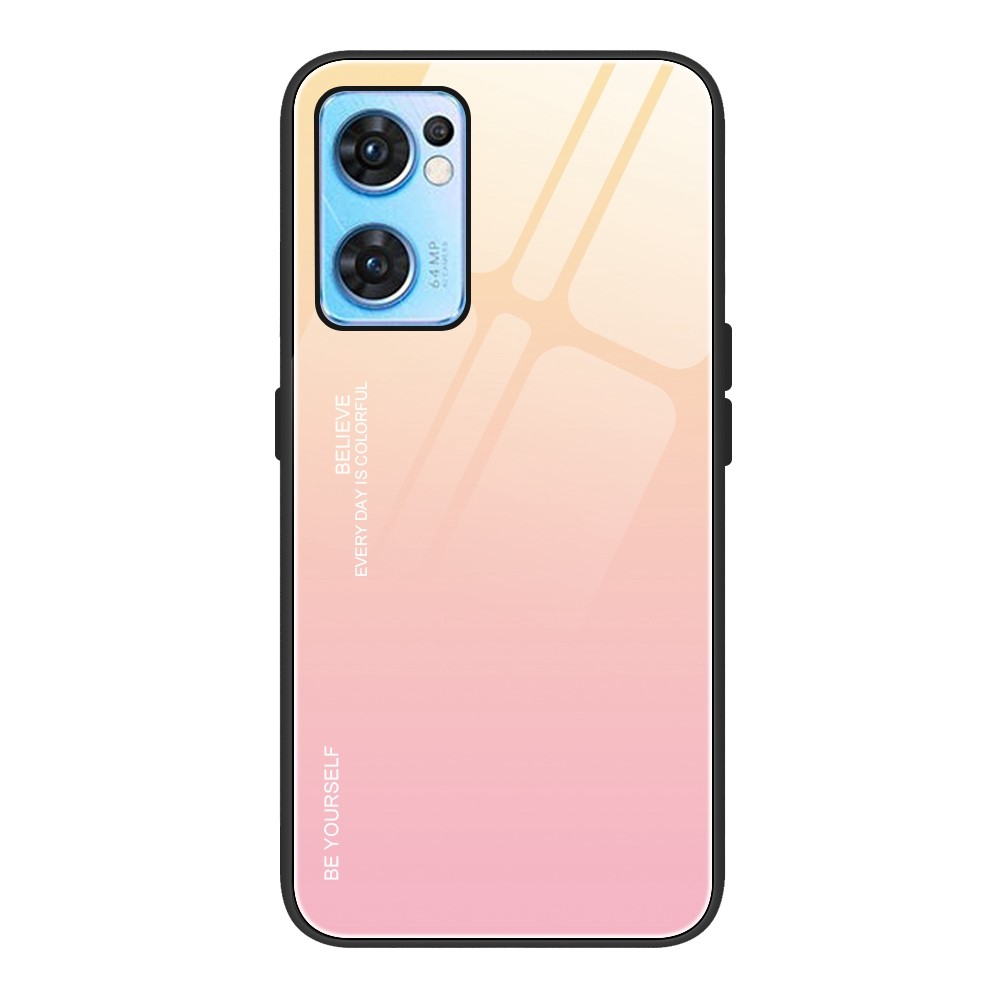 For Oppo Reno7 5G (Global) Tempered Glass + PC + TPU Phone Anti-wear Cover Gradient Color Design Anti-shock Protective Case - Gold/Pink-1